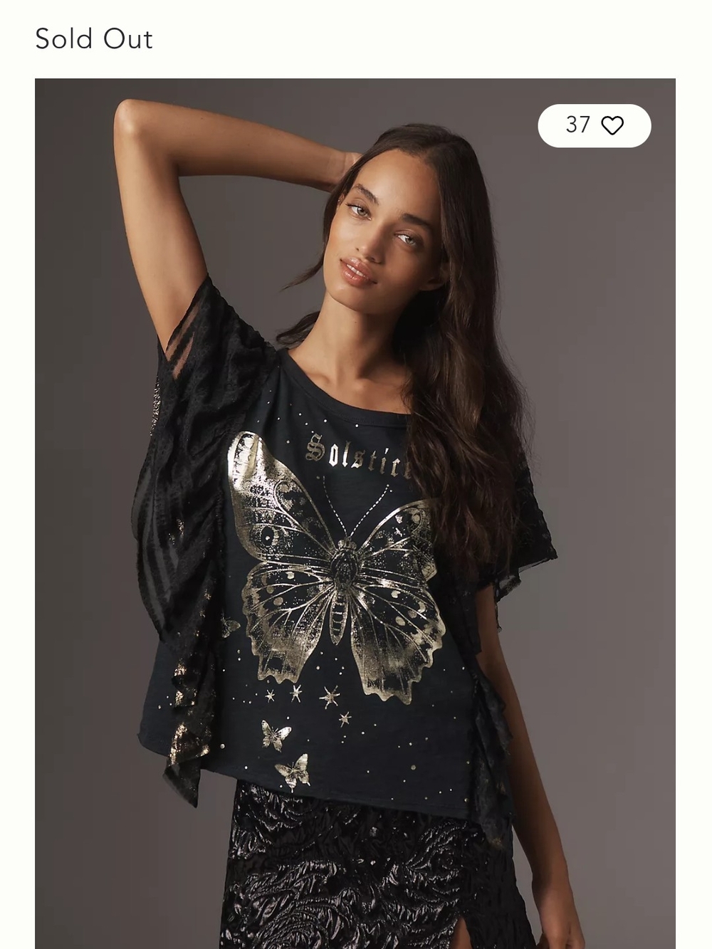 NWT Anthropologie Black Crop Top with Metallic Gold Butterfly